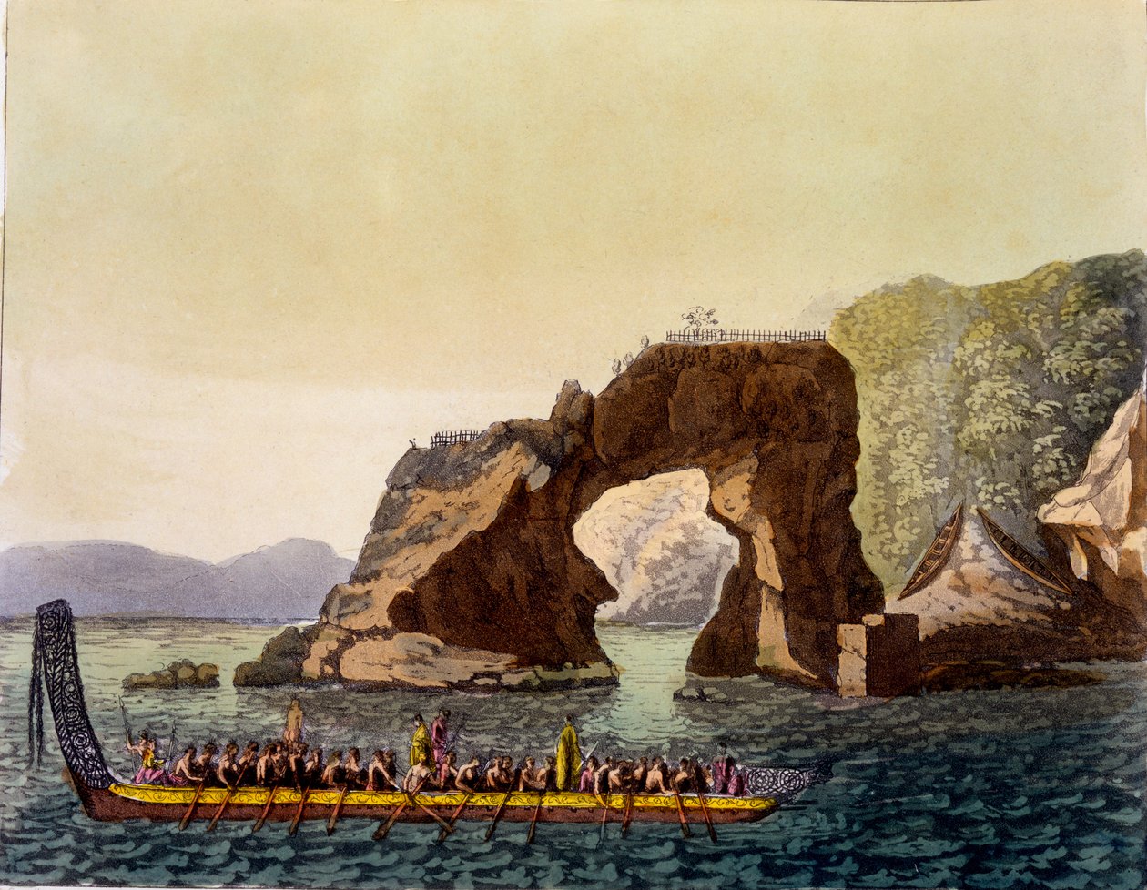 माओरी वॉर कैनो, 1820s-30s (हाथ से बने जलीय रंग) के साथ संयुक्त रूप से न्यूजीलैंड में एक माओरी फोर्टीफाइड लुक पॉइंट द्वारा इतालवी स्कूल