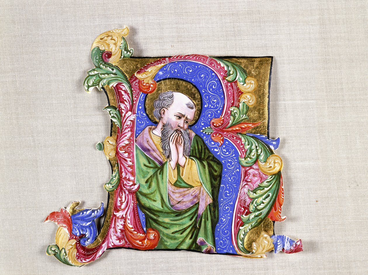 एक प्रार्थना संत, एक बड़ा ऐतिहासिक प्रारंभिक आर, c.1400 (ऐतिहासिक प्रारंभिक, जो मखमली पर एक एंटीफॉनल से काटा जाता है) द्वारा इतालवी स्कूल