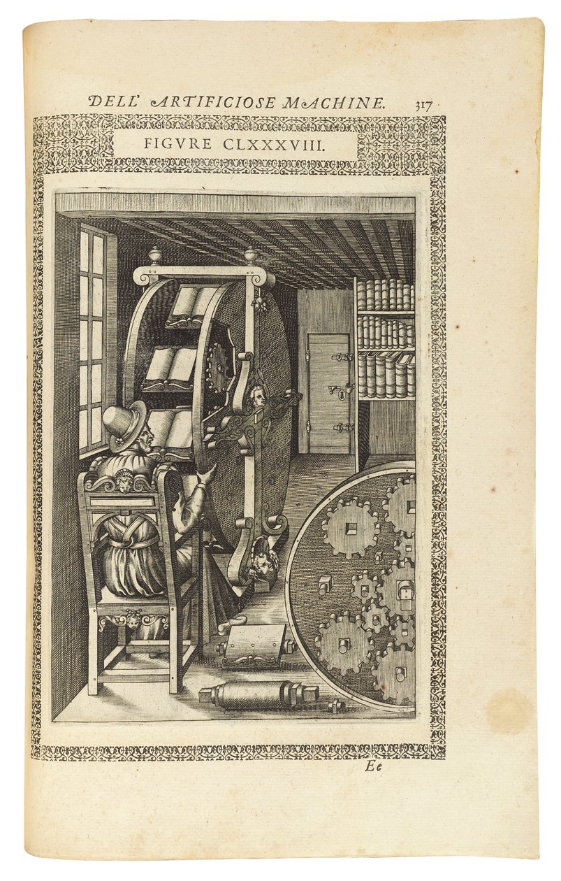 "ले विविध एट आर्टिफिशियोज मशीन" पुस्तक का एक पृष्ठ, 1588 द्वारा इतालवी स्कूल