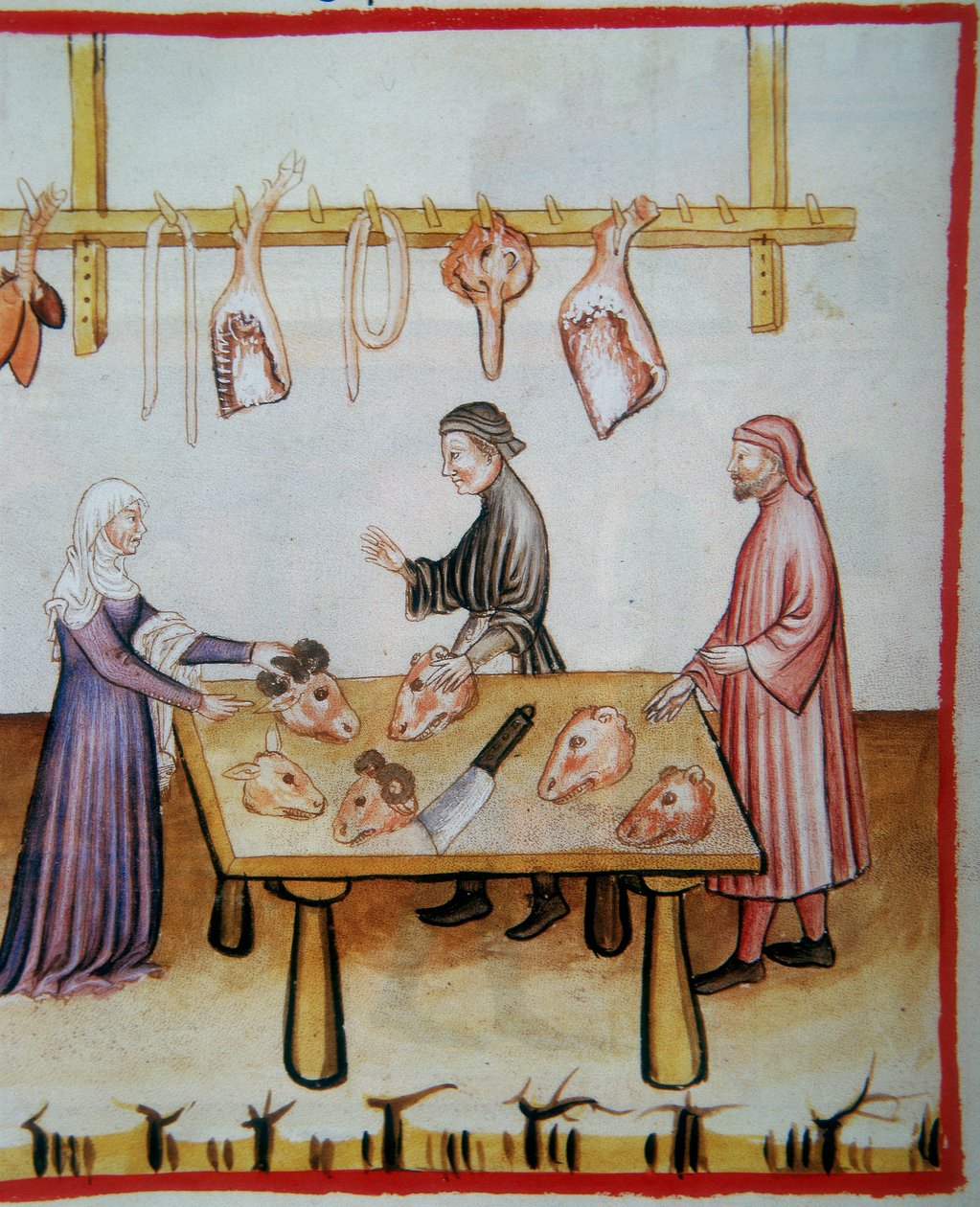 जानवरों के सिर कसाई। कोडेक्स विंडोबोनेसिस सीरीज़ नोवा 2644 (fol.76v), टाक्यूइनम सेनिटिज़ से रोशनी द्वारा इतालवी स्कूल