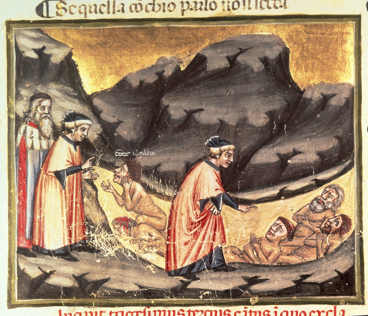 कैंटो XXXIII डांटे और वर्जिल, दिव्य कॉमेडी (इन्फर्नो), c.1313 से विश्वासघाट के सर्कल में युगोलिनो से मिलते हैं, द्वारा इतालवी स्कूल