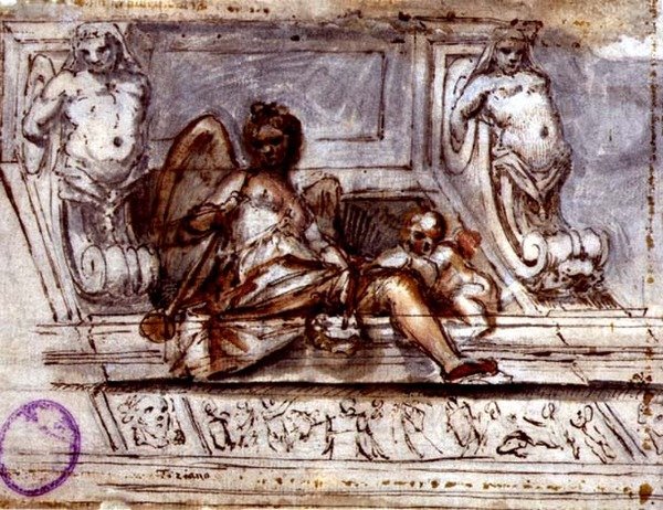 संगीत के संग्रहालय के साथ छत का डिज़ाइन, c.1700 (कागज पर पानी के रंग के साथ कलम और स्याही) द्वारा इतालवी स्कूल