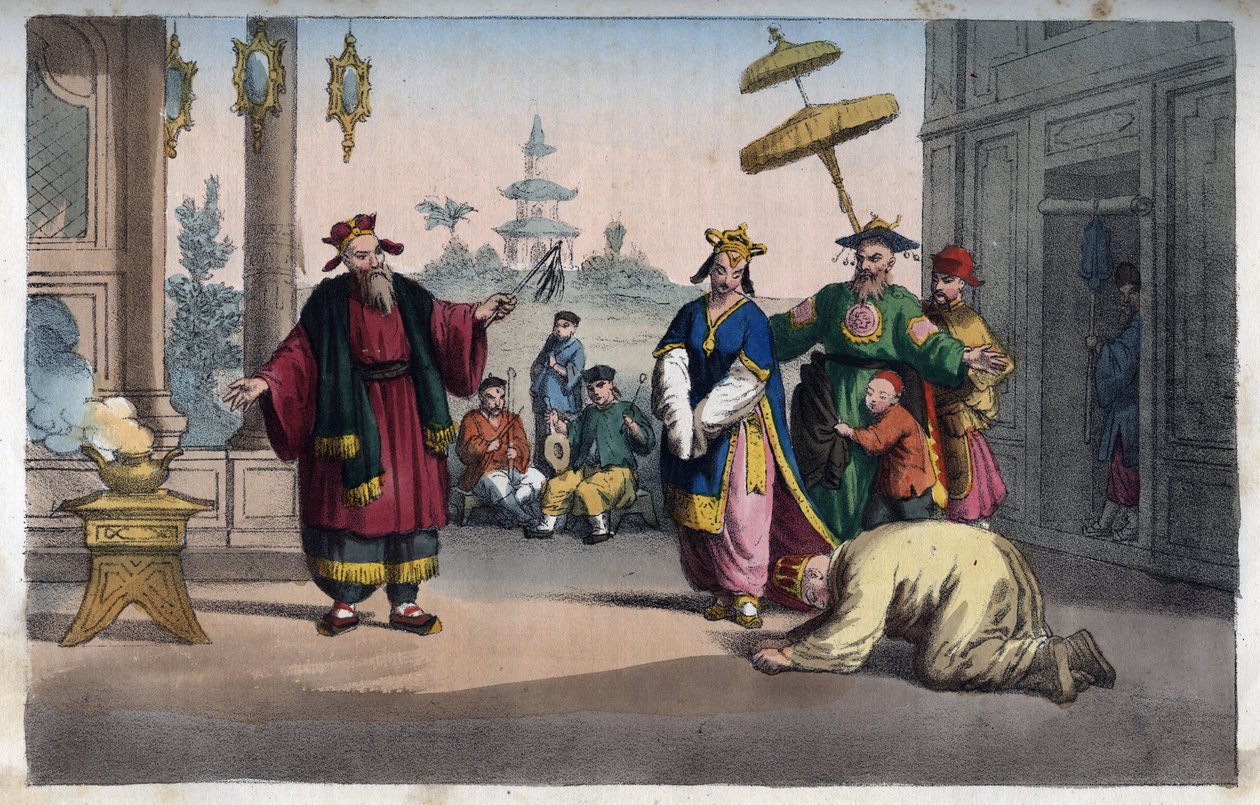 चीन - खुली हवा में एक नाट्य प्रदर्शन - ब्रह्मांड के सभी लोगों के "" उपयोग और रीति-रिवाजों से उत्कीर्णन। यानी सरकार का इतिहास, कानूनों का, मिलिशिया का, सभी राष्ट्रों के धर्म का सबसे दूरस्थ समय से लेकर आज तक "185 द्वारा इतालवी स्कूल