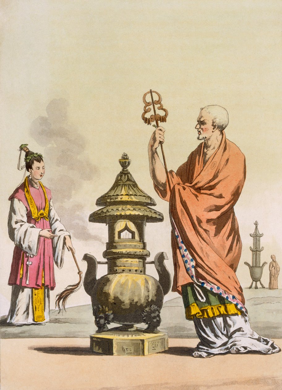 चीनी ताओवादी धार्मिक रीति-रिवाज: औपचारिक परिधानों में एक बोन्जो, c1820-30। द्वारा इतालवी स्कूल