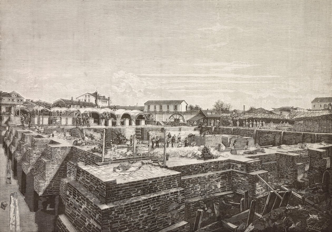 वेनिस, इटली में नए एक्वाडक्ट का कुंड, ल'इलस्ट्रेशन इटालियाना, नंबर 32, 10 अगस्त से गुसोनी द्वारा ड्राइंग से उकेरा गया द्वारा इतालवी स्कूल