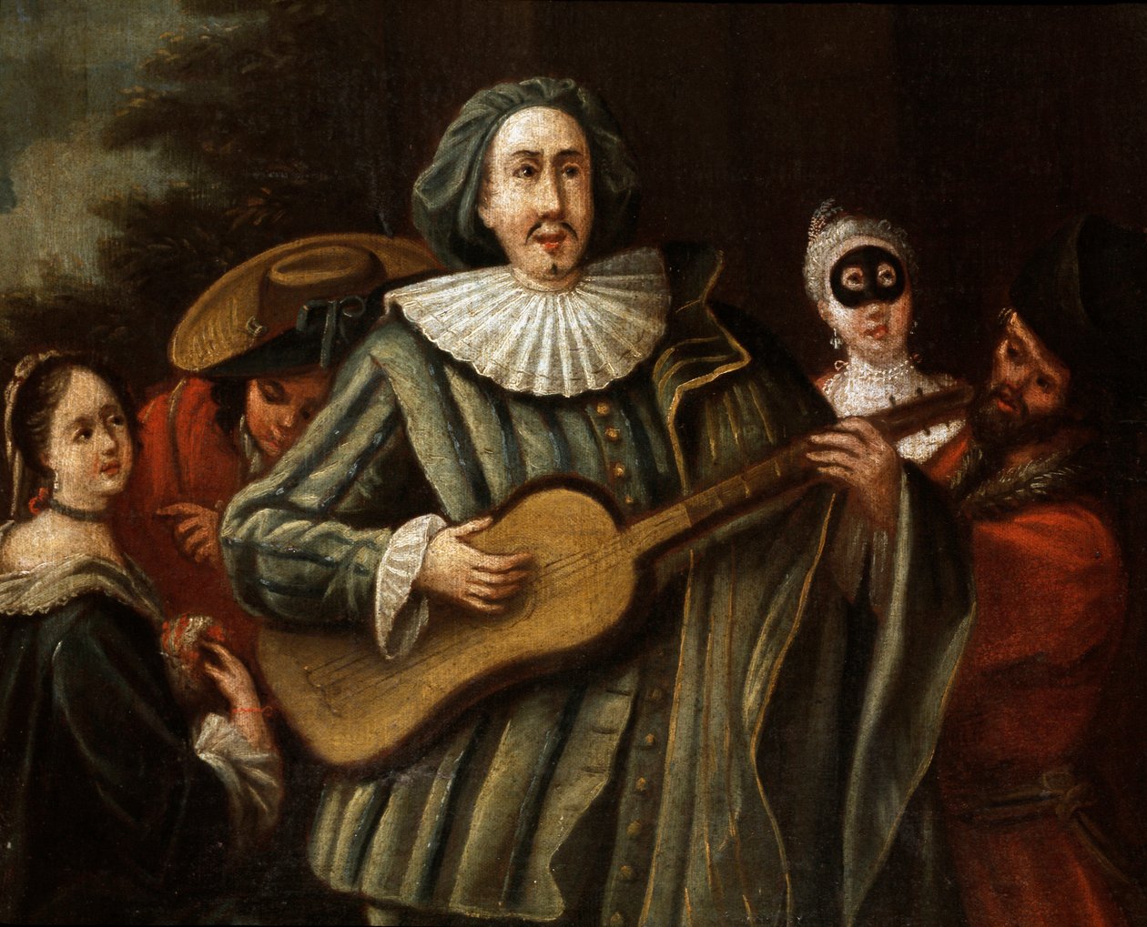 Commedia dell'arte: "" इतालवी कॉमेडियन Tiberio Fiorilli (1608-1694) का चित्र, स्कारामोचे के चरित्र के निर्माता, गिटार बजाते हुए"" 18 वीं शताब्दी की बेनामी पेंटिंग। लाइब्रेरी और म्यूजियो टीट्रेल डेल बर्कार्डो रोम द्वारा इतालवी स्कूल
