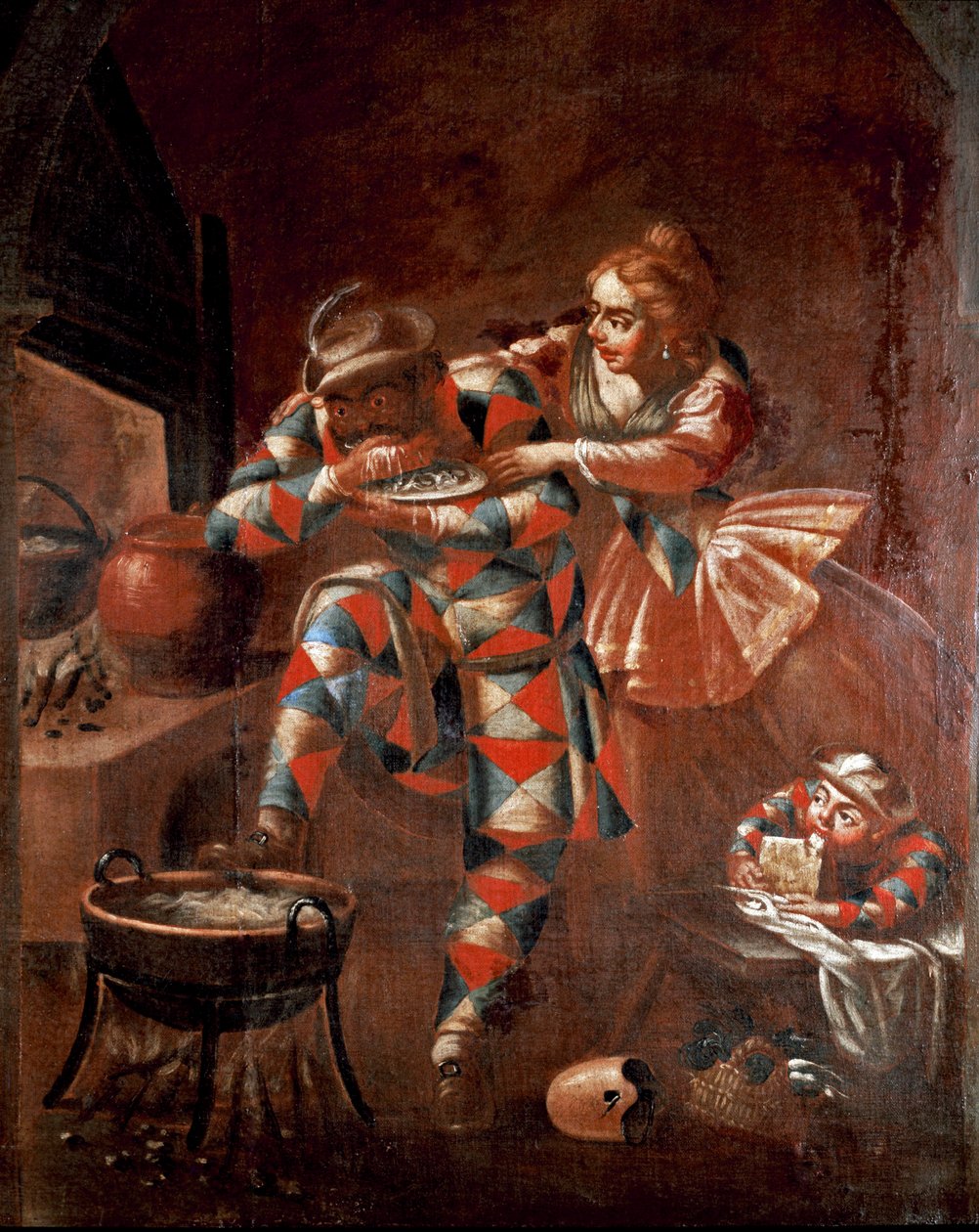 Commedia dell'arte: "" हार्लेक्विन (हार्लेक्विन, अर्लेचिनो) और कोलम्बाइन के पात्रों का प्रतिनिधित्व, इतालवी कॉमेडी के मुखौटे, लाज़ी (प्रहसन) के एक दृश्य में"" 18 वीं शताब्दी की बेनामी पेंटिंग। लाइब्रेरी और म्यूजियो टीट्रेल डेल बर्का द्वारा इतालवी स्कूल