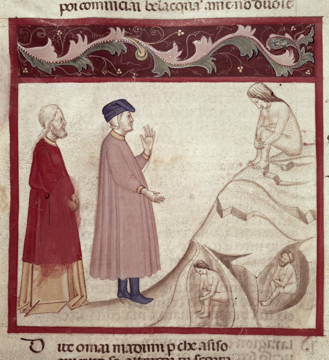 दांते और विर्जिल (70-19 ईसा पूर्व) दांते कॉमेडी दांते एलघिएरी (1265-1321) से चट्टानों में कैद आत्माओं से मिलते हैं द्वारा इतालवी स्कूल