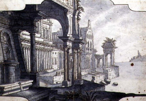 स्टेज सेट के लिए डिज़ाइन, c.1750 (कागज पर कलम और स्याही और पानी के रंग का) द्वारा इतालवी स्कूल