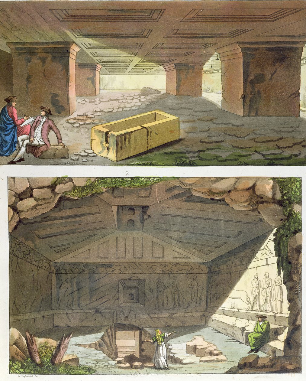 Etruscan Tombs की खोज, c.1820 (रंग उत्कीर्णन) द्वारा इतालवी स्कूल