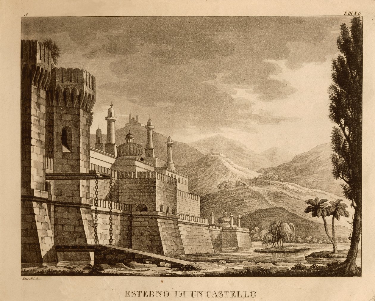 एक महल का बाहरी भाग, Gioachino Rossini (litho) द्वारा 'Ricciardo and Zoraide' के अधिनियम I के लिए सेट डिज़ाइन द्वारा इतालवी स्कूल