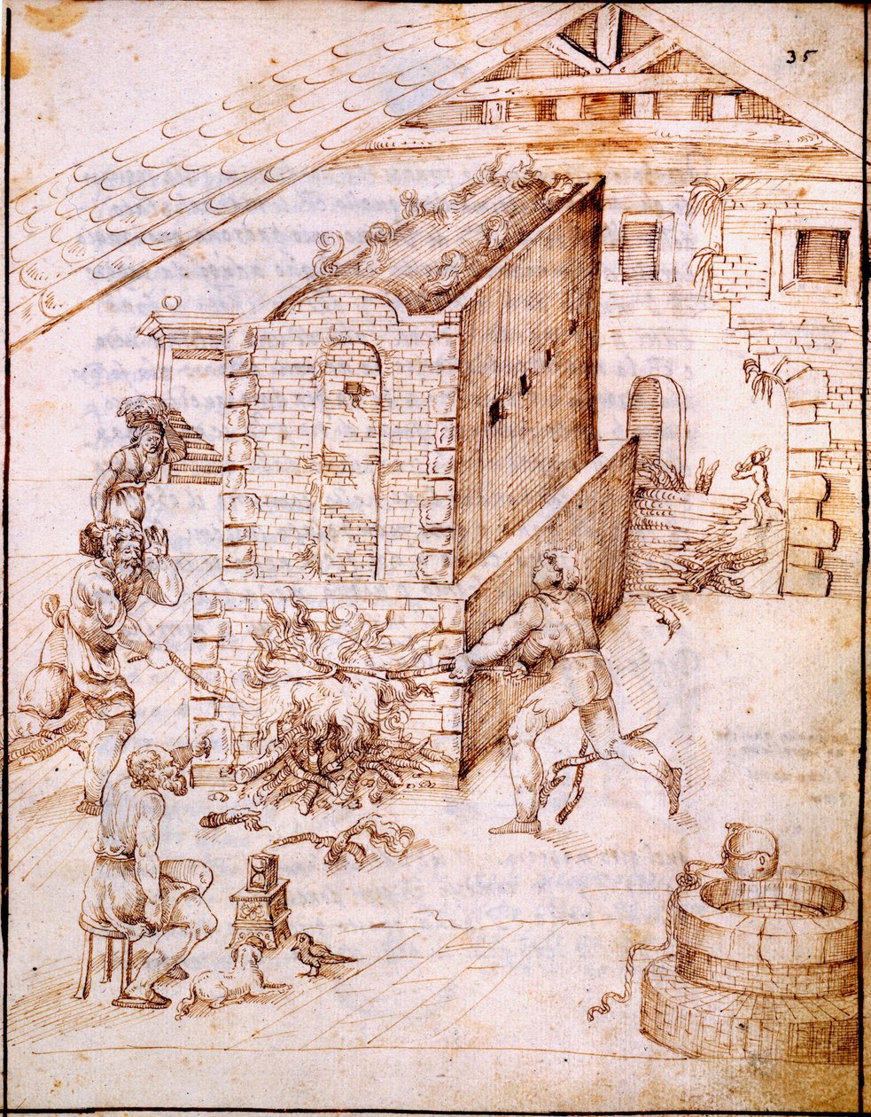 अर्ली किचन फायरिंग, c.1630s (पांडुलिपि वेल्लम) द्वारा इतालवी स्कूल