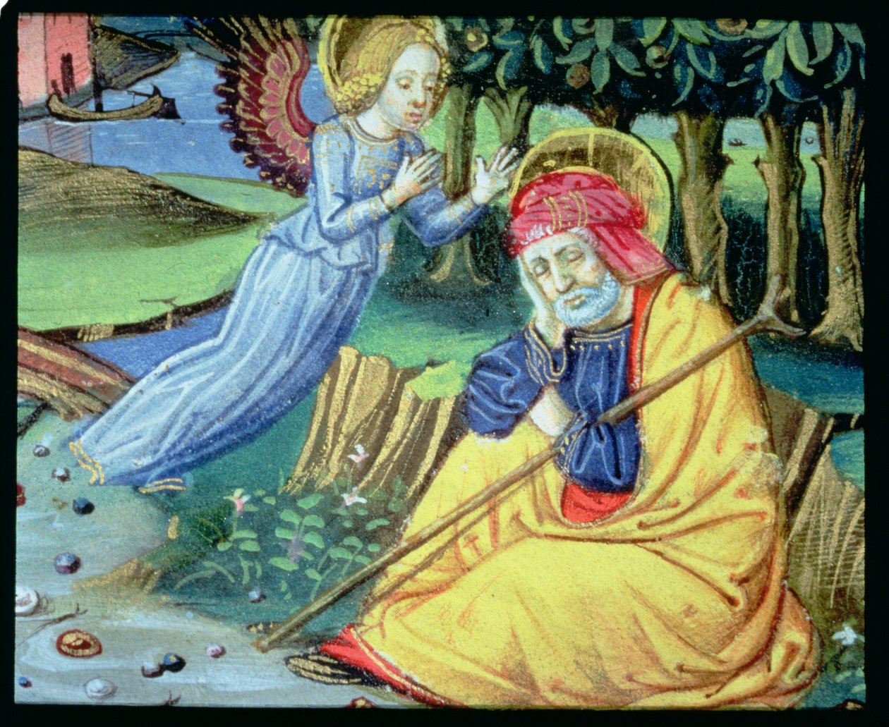 Fol.37v एक देवदूत यूसुफ को बताता है कि मरियम गर्भवती है (वेल्लम) द्वारा इतालवी स्कूल