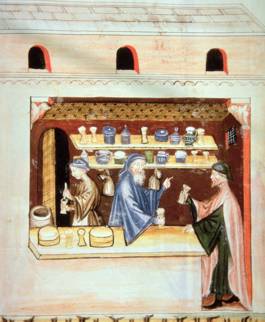 Fol.53v थाइम की तैयारी और बिक्री, Tacuinum Santiatis कोडेक्स Vindobonensis से चित्रण द्वारा इतालवी स्कूल