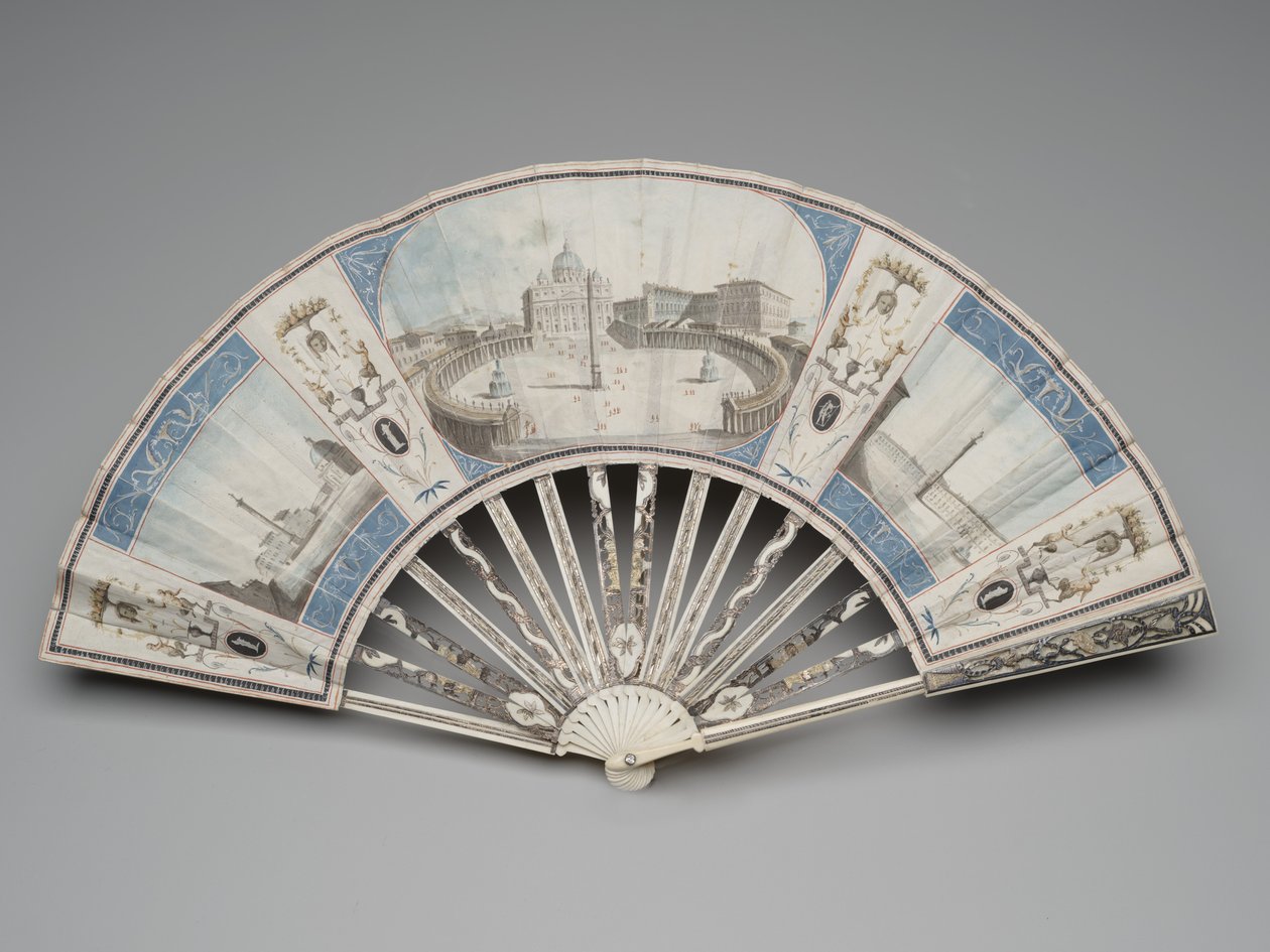 रोम के स्मारकों के दृश्यों के साथ तह पंखा, c.1780s-1790s द्वारा इतालवी स्कूल