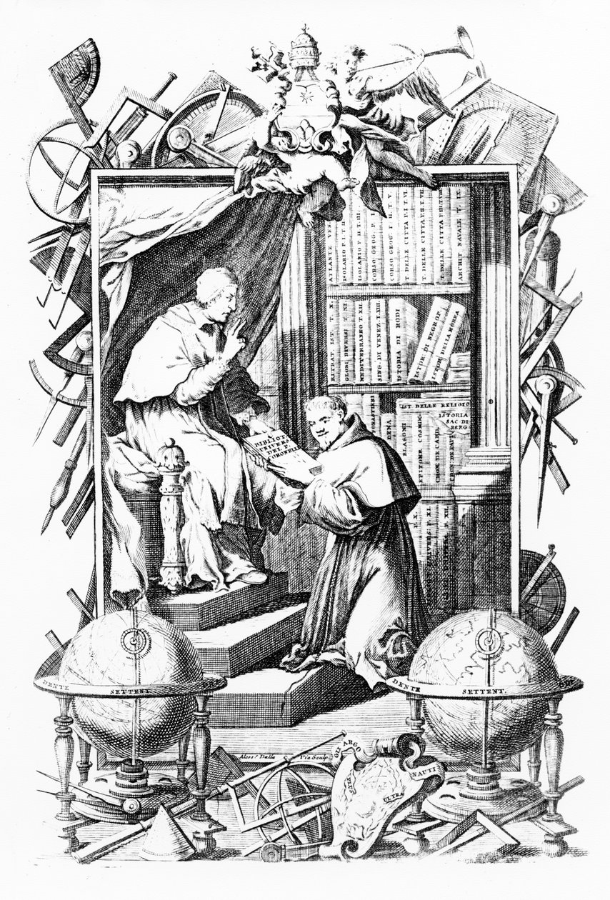 Sacro-Profana Universal Library, Vol 1 के लिए फ्रंटस्पेनशियल, विन्सेन्ज़ो कोरोनेली द्वारा, Alessandro Dalla Via द्वारा बनाया गया, 1701 प्रकाशित द्वारा इतालवी स्कूल