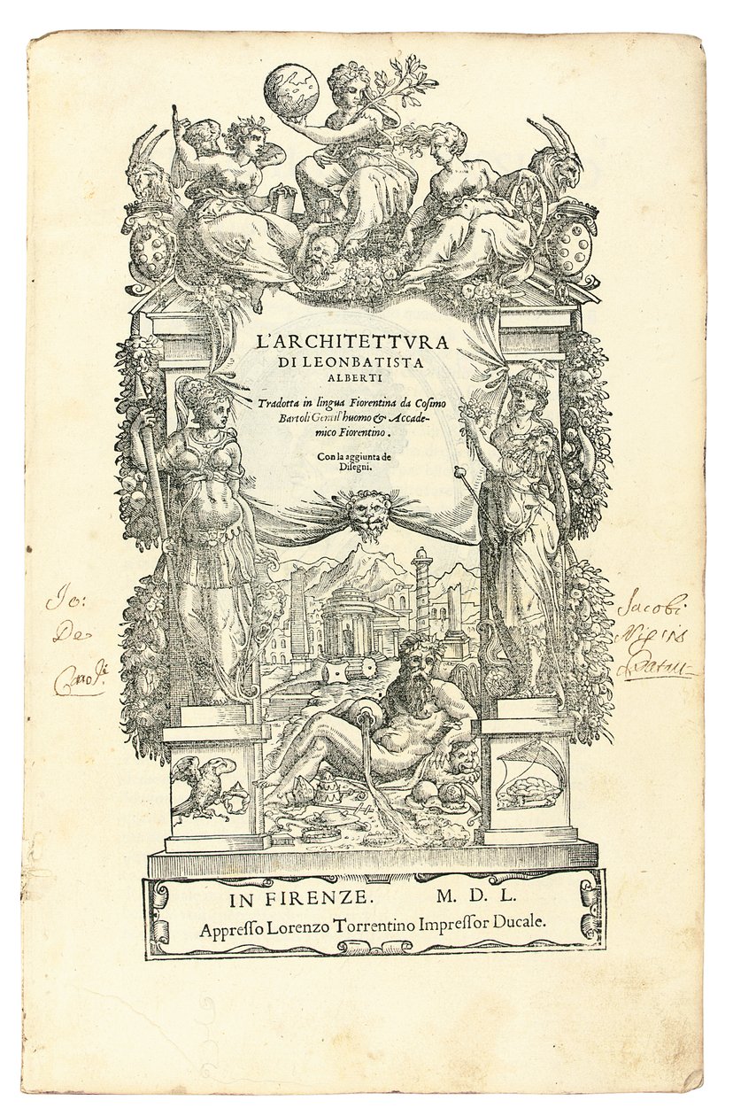 लियोन बटिस्टा अल्बर्टी (1404-72) द्वारा लि &39;एराचिटेटुरा का फ्रंटस्पाईशियस, इतालवी में कोसिमो बार्टोली (1503-72) द्वारा अनुवादित किया गया। फ्लोरेंस: लोरेंजो टोरेंटिनो द्वारा इतालवी स्कूल