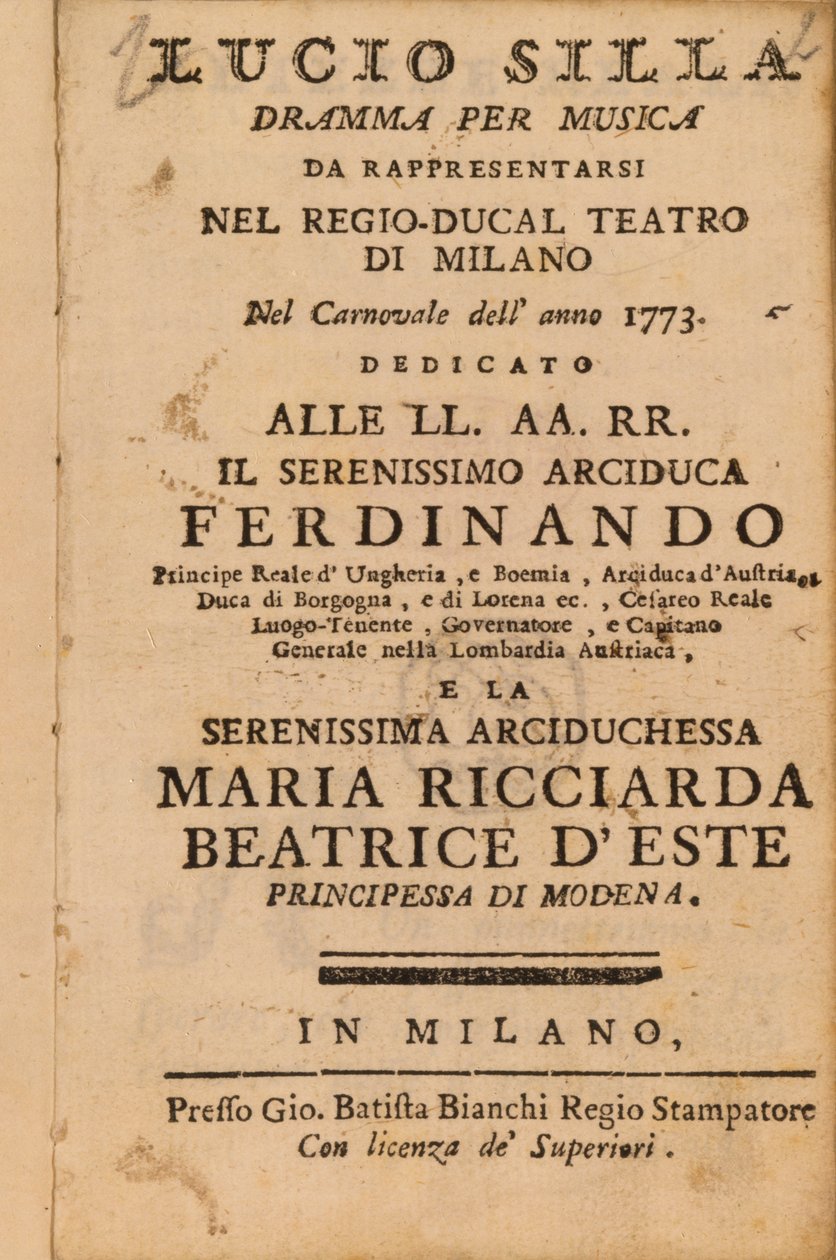 1773 में मिलान में प्रदर्शन करने वाले मोजार्ट्स लुसियो सिल्ला से फ्रंटस्पाईज द्वारा इतालवी स्कूल
