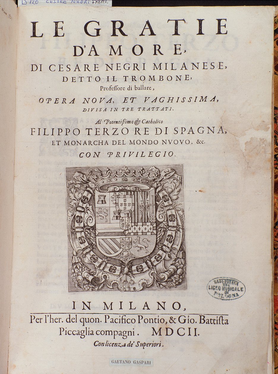 इटालियन डांसर सेरेस नेग्री ने द ट्रॉम्बोन (1536-1604), डांस पर संधि के बारे में बताया कि ले ग्रैटी डामोर (द ग्रेसेस ऑफ लव) द्वारा इतालवी स्कूल