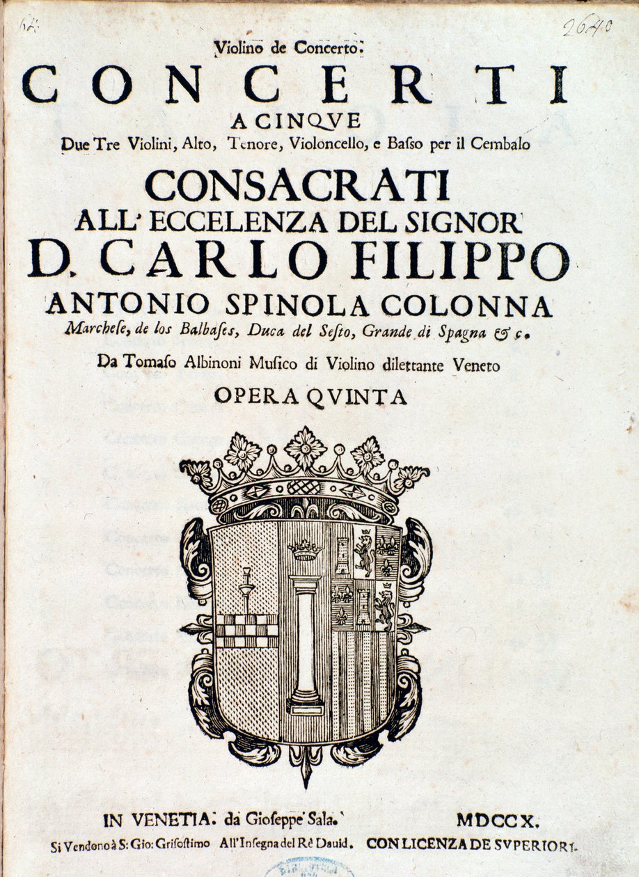 Tomaso Albinoni . द्वारा "Concerti a Cinque, Opera 5" के संगीत स्कोर का अग्रभाग द्वारा इतालवी स्कूल