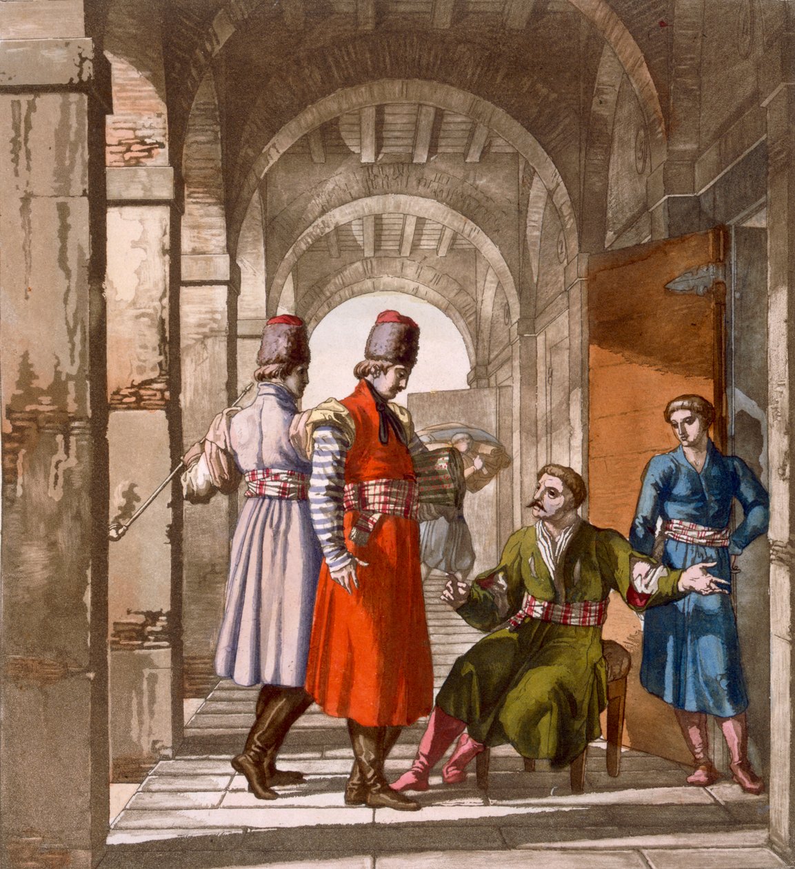 जॉर्जियाई पुरुष एक आर्केड में चैटिंग और धूम्रपान करते हैं, c.1820s-30s द्वारा इतालवी स्कूल