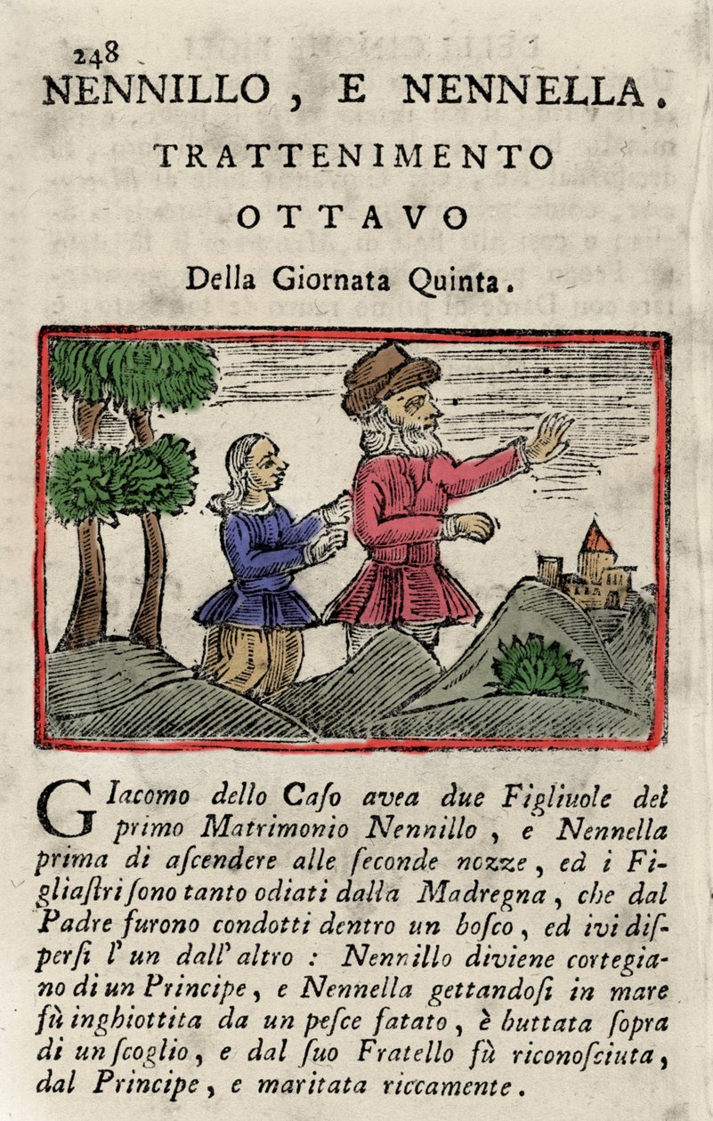 Giambattista Basile (1575-1632) द्वारा कहानी का चित्रण "" Poucet et Poucet (Nennillo e Nennella)""" पुस्तक "" Pentamerone "" से, दिन v, कहानी 8. नेपल्स 1754 के संस्करण। द्वारा इतालवी स्कूल