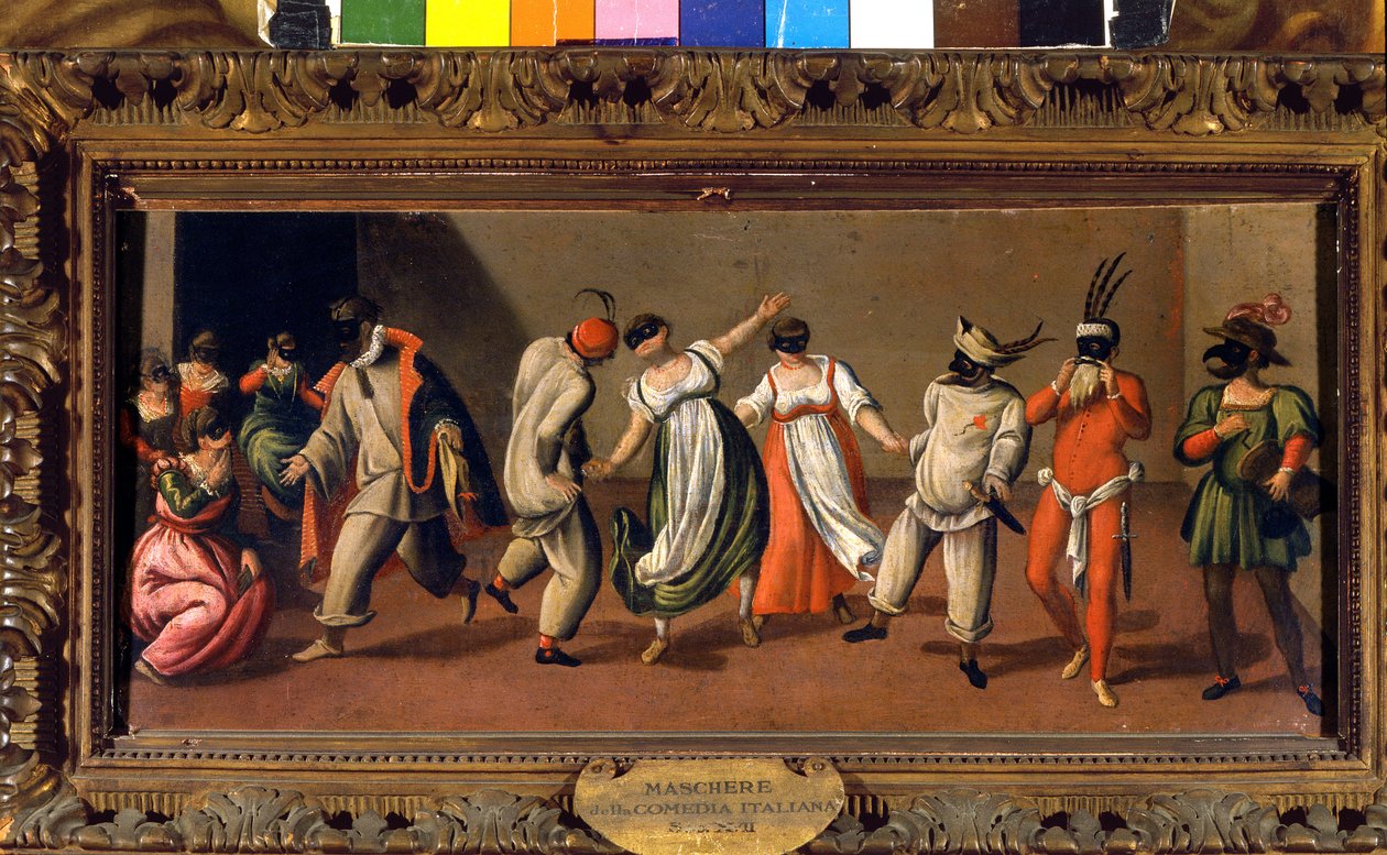 Commedia dell'Arte के इतालवी मुखौटे। अनाम १७वीं सदी का मिलान स्काला संग्रहालय द्वारा इतालवी स्कूल
