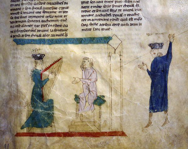 MsEST.59 fol.98r राजा फैरामोंट की बेटी त्रिस्टान की कहानी से, ट्रिस्टन को बहकाने की कोशिश करती है द्वारा इतालवी स्कूल