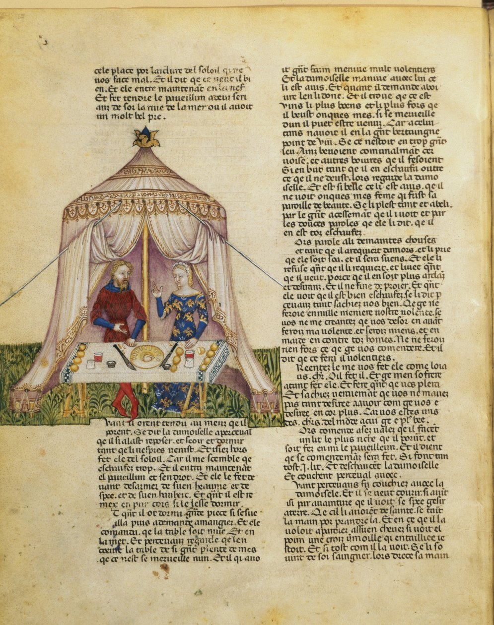 Ms.Fr 343 f.31v सर परसिवल को एक डैमेल द्वारा लुभाया जाता है, जो उसे क्वेस्ट करने से पहले दावत देता है, क्वेस्टे डेल सेंट ग्रेगल से, c.1380-85 द्वारा इतालवी स्कूल