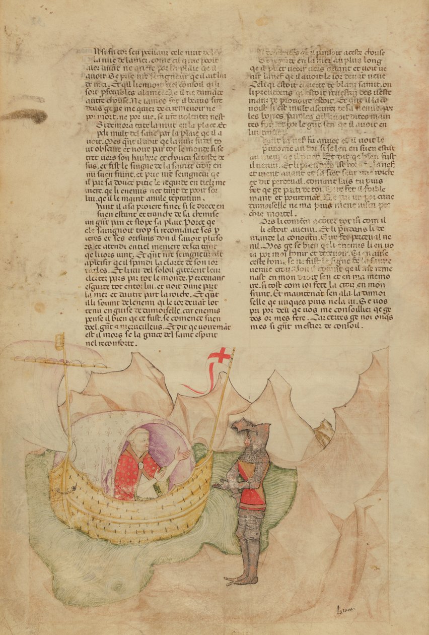 Ms Fr 343 fol.32v व्हाइट शिप पर्सेवल को बचाने के लिए आता है, क्वेस्टे डेल सेंट ग्रेगल से, c.18080-85 द्वारा इतालवी स्कूल