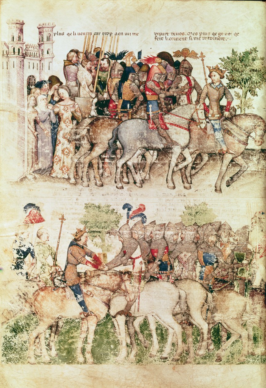 Ms Fr 343 fol.8v आर्थर और उनके शूरवीरों ने ग्रेल डेल सेंट ग्रेगल, सी .1380-85 से पवित्र कंघी बनानेवाले की रेती की खोज की। द्वारा इतालवी स्कूल