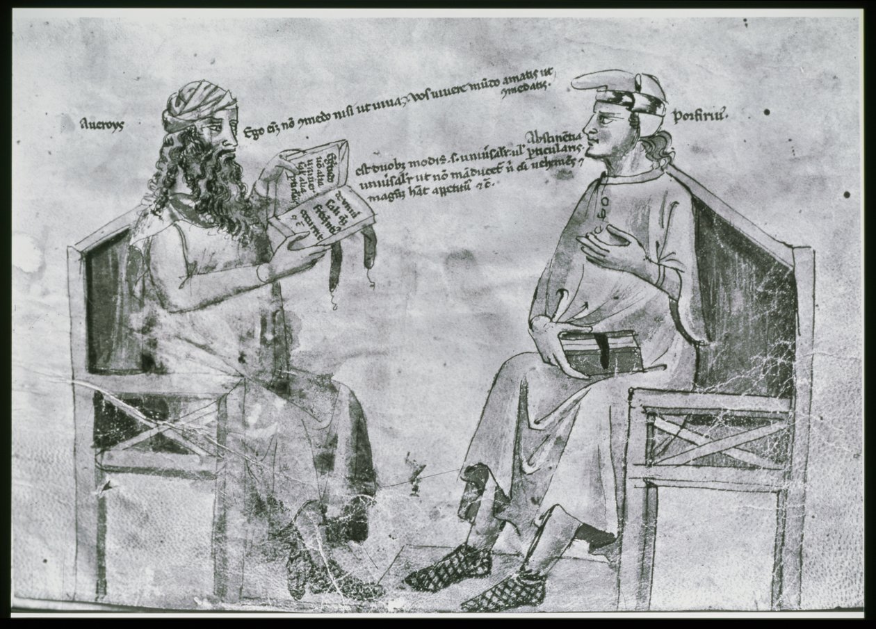 सुश्री लाट 6823 fol.2 एवरोसेस (1126-98) पोर्फिरी के साथ बातचीत में (c.232-c.305) (कलम और स्याही और कागज पर धोना) द्वारा इतालवी स्कूल