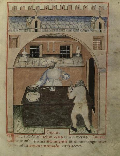 Nouv Acq lat 1673 fol.39 'टैकुइनम सैनिटाटिस' से सूखे मांस का विक्रेता, c.1390-1400 (वेल्लम) द्वारा इतालवी स्कूल