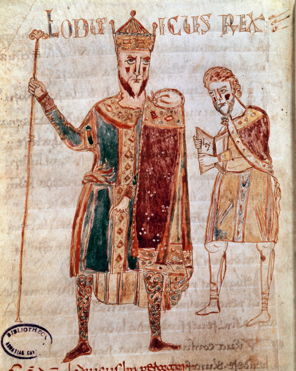 लुई प्रथम पवित्र (778-840), फ्रांस के राजा पांडुलिपि पृष्ठ (एमएस 4) "कोडेक्स लेगम लोंगोबार्डोरम" (या लैंगोबार्डोरम) का पोर्ट्रेट जो राजा रोथारी द्वारा स्थापित लोम्बार्ड साम्राज्य के कानूनों का वर्णन करता है। द्वारा इतालवी स्कूल