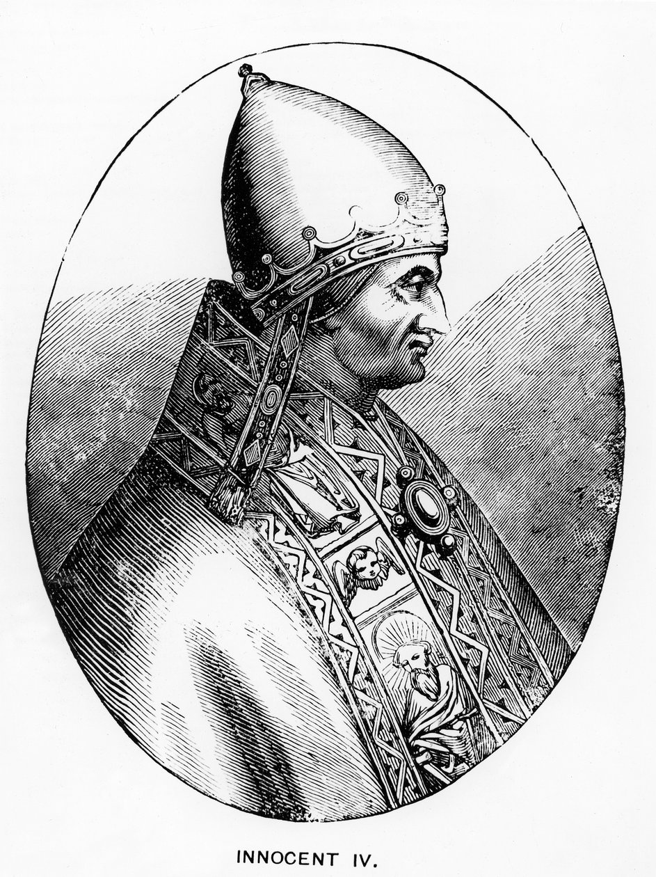 पोप इनोसेंट IV (d.1254) का चित्रण, मध्य युग और पुनर्जागरण में विज्ञान और साहित्य से चित्रण, पॉल लैक्रोइक्स द्वारा लिखित और उत्कीर्ण, 1878 द्वारा इतालवी स्कूल