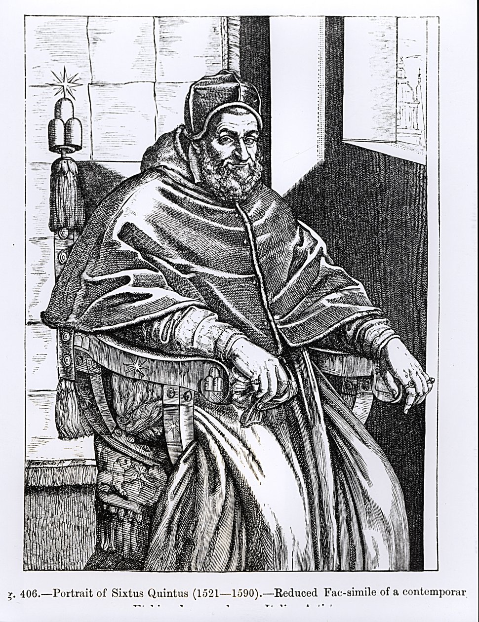 पोप सिक्सटस V (1520-90) का चित्रण &39;मध्य युग और पुनर्जागरण में विज्ञान और साहित्य&39; से दृष्टांत, पॉल लैक्रोसिक्स द्वारा लिखित और उत्कीर्ण, द्वारा इतालवी स्कूल