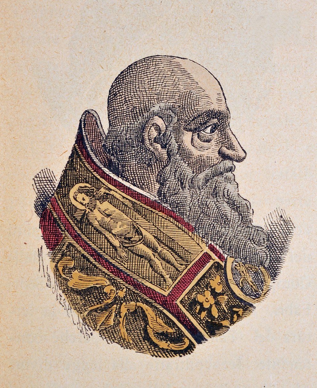 पोप पॉल III (पाओलो, पॉलस या एलेसेंड्रो फ़ार्निस) का पोर्ट्रेट (1534-1549), 1898 (बाद के रंग के साथ उत्कीर्णन) द्वारा इतालवी स्कूल