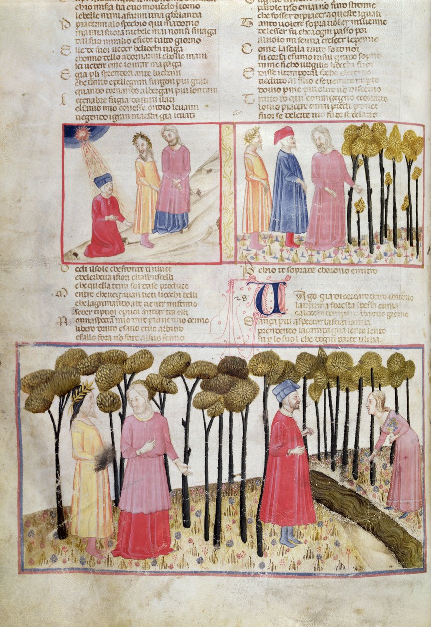 Purg.XXVIII f.47v विर्गिल दांते एलघिएरी (1265-1321) द डिवाइन कॉमेडी से अपनी छुट्टी और दिव्य वन ले जा रहे द्वारा इतालवी स्कूल