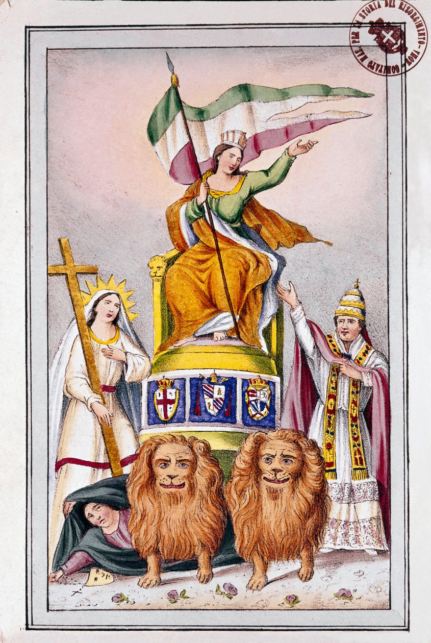 Risorgimento: पोप राज्यों के लिए प्रचार पोस्टर: "इटली में विश्वास और पोप पायस (Pio) IX" 19 वीं सदी के म्यूजियो डेल रिसोर्गिमेंटो, रोम की लिथोग्राफी है द्वारा इतालवी स्कूल