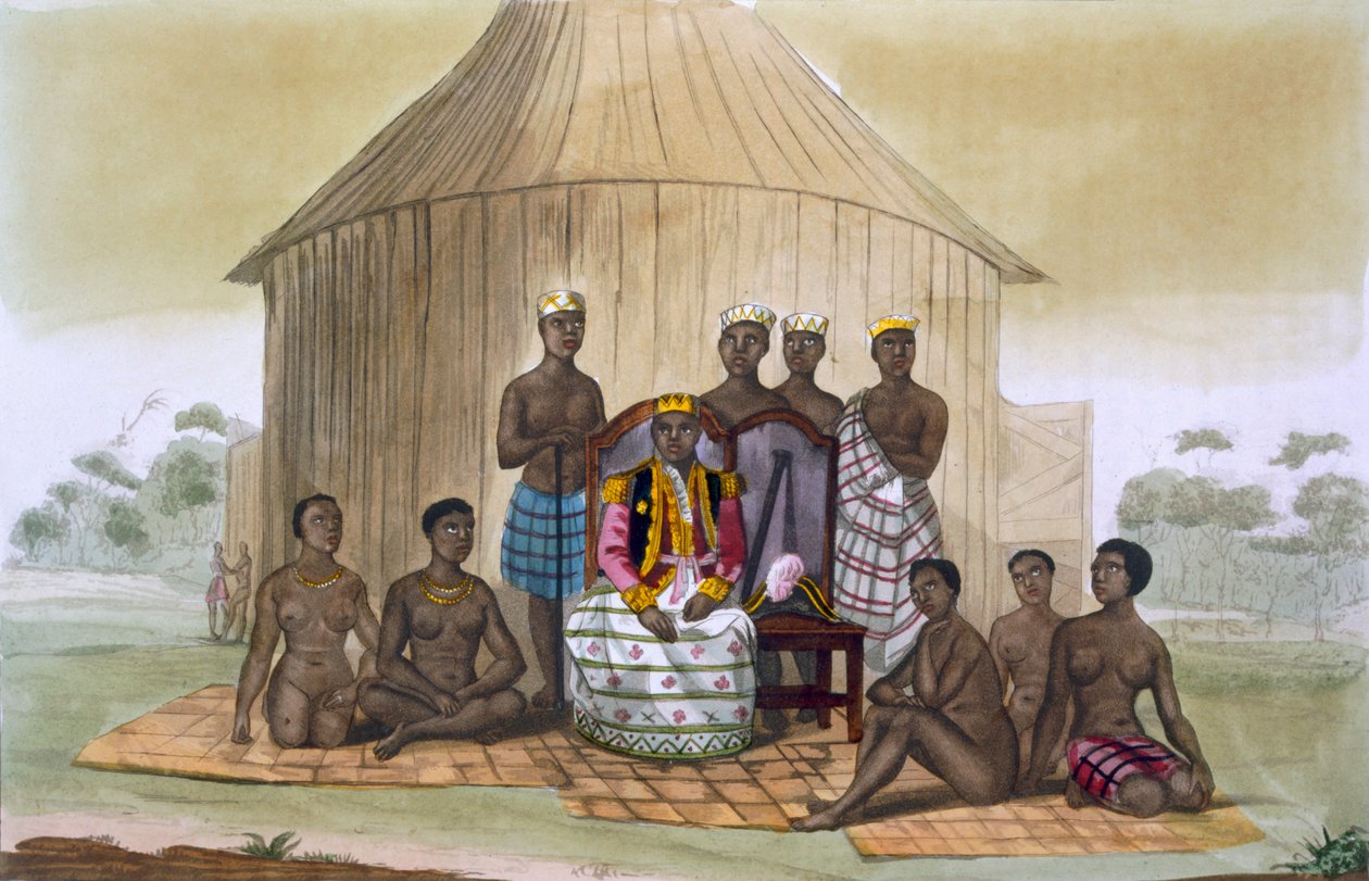 सबा, या शासक, रईसों और उसकी पत्नी के साथ, पश्चिम अफ्रीका, c.1820s-30s द्वारा इतालवी स्कूल