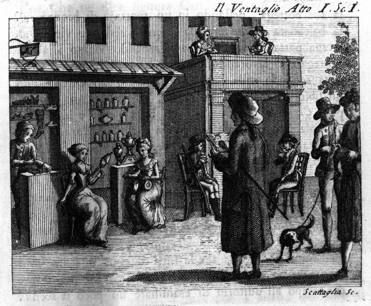 कार्लो गोल्डोनी (1707-1793) द्वारा कॉमिक पीस "" इल वेंटाग्लियो"" (द इवेंटल) (1764) के अधिनियम I का दृश्य 1। १८वीं शताब्दी की नक्काशी द्वारा इतालवी स्कूल