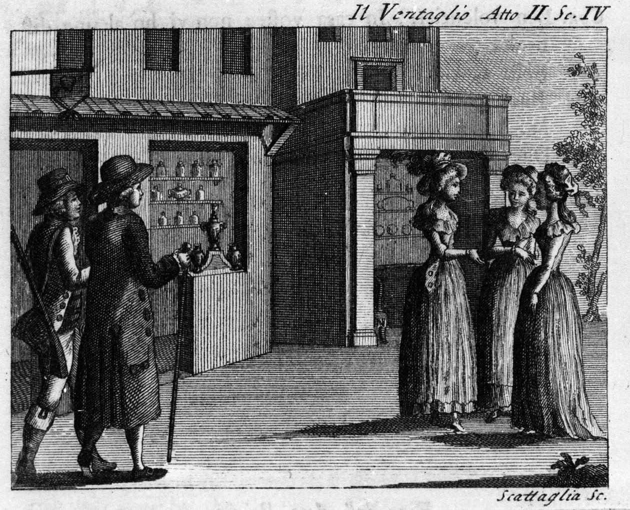 कार्लो गोल्डोनी (1707-1793) द्वारा कॉमिक पीस "" इल वेंटाग्लियो"" (द इवेंटल) (1764) के अधिनियम II का दृश्य 4। १८वीं शताब्दी की नक्काशी द्वारा इतालवी स्कूल