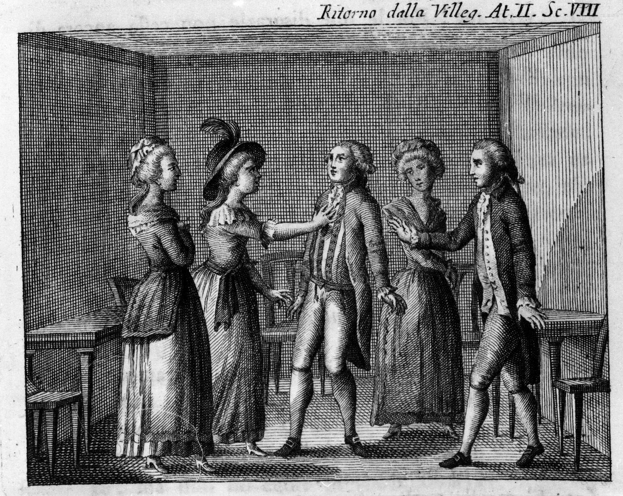 कार्लो गोल्डोनी (1707-1793) द्वारा कॉमिक पीस "" रिटोर्नो डेला विलेगिएटुरा"" (रिटर्न ऑफ द सिटी) (1761) के अधिनियम II का दृश्य 8। १८वीं शताब्दी की नक्काशी द्वारा इतालवी स्कूल
