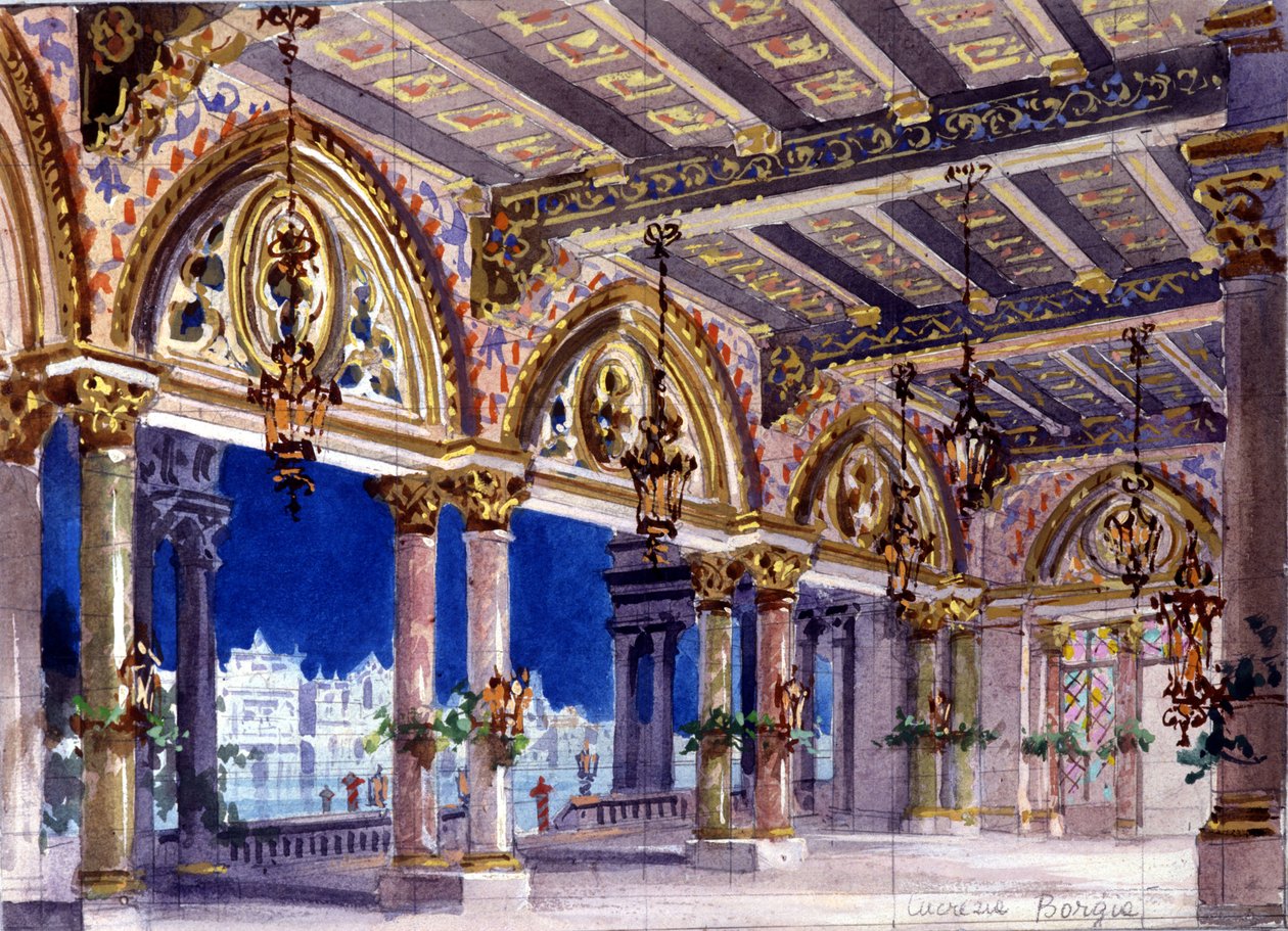 गेटानो डोनिज़ेटी, मिलान, 1833 द्वारा ओपेरा "लुस्रेज़िया बोर्गिया" के लिए सेट डिज़ाइन द्वारा इतालवी स्कूल
