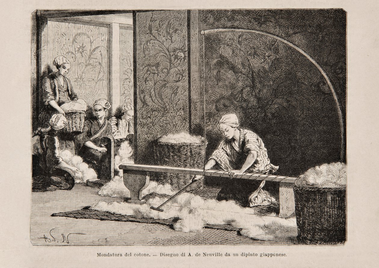 कताई कपास, जापान, टूर डु मोंडे के इतालवी संस्करण से, 1869 द्वारा इतालवी स्कूल