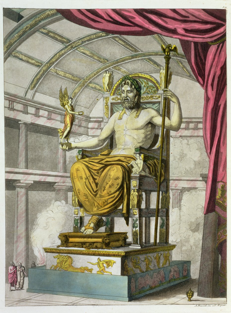 कोस्टुमी दे रोमानी से एक मंदिर में बृहस्पति की प्रतिमा, एंजेलो बायसियोली (1790-1830), c.1805-20 (एक्वाटिंट) द्वारा उकेरी गई द्वारा इतालवी स्कूल