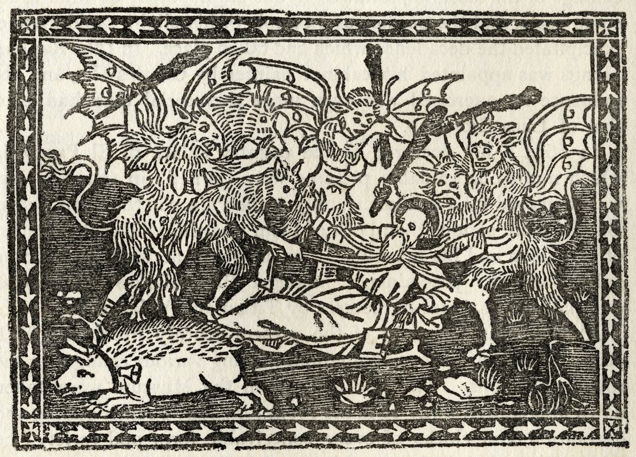 रिचर्ड फिशर द्वारा &39;ए कैटलॉग ऑफ ए क्रैविंग्स, एचीविंग्स एंड वुडकट्स&39; के संग्रह से सेंट एंथनी का बैस्टिनडिंग 1879 में प्रकाशित हुआ। द्वारा इतालवी स्कूल