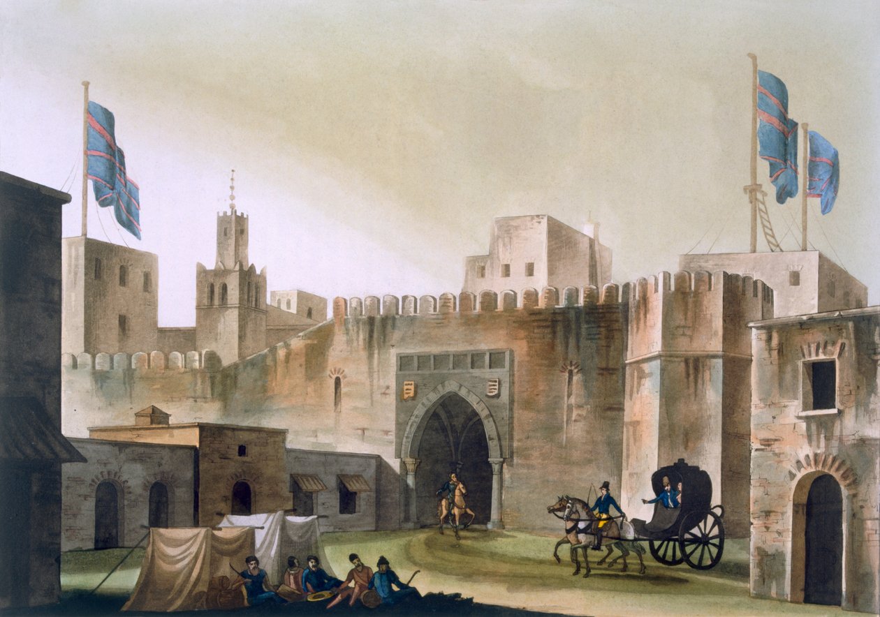 Beb Kar, ट्यूनीस में गेट, घोड़ों से खींचे गए गिग में यूरोपीय लोगों के साथ, c.1820s-30s द्वारा इतालवी स्कूल