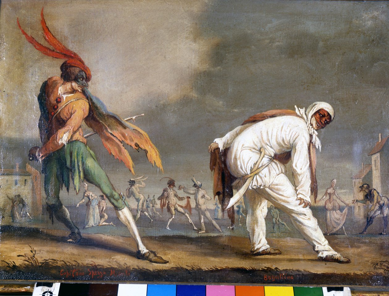 Commedia dell'Arte के इतालवी मुखौटे: कैप्टन स्पीज़ामोंटी और बगातिनो 17वीं सदी की अनाम पेंटिंग। स्काला संग्रहालय, मिलान। द्वारा इतालवी स्कूल