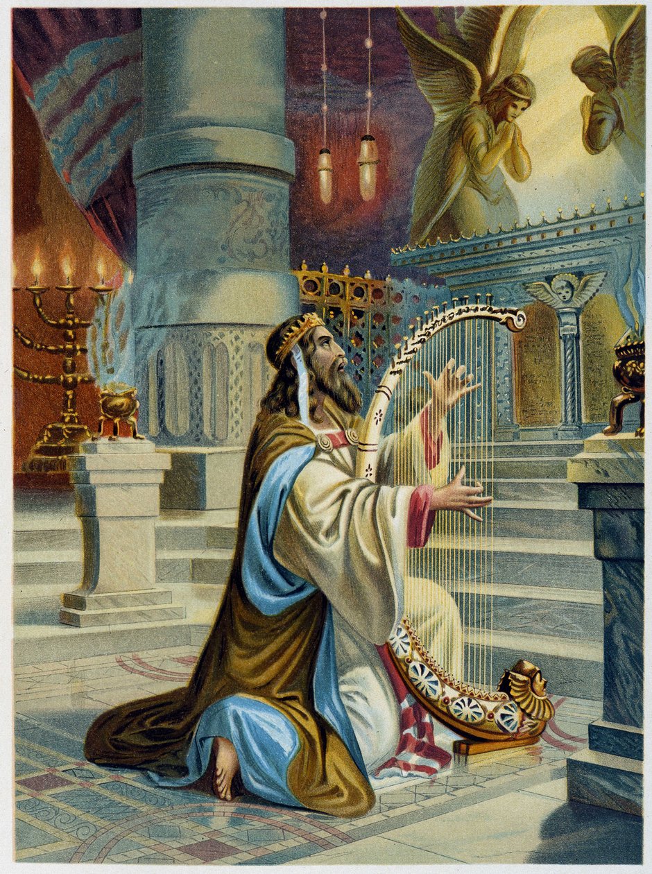 द पामिस्ट डेविड इन "" गोल्डन क्लासिक बाइबिल: हिस्ट्री ऑफ डिवाइन रिवीलेशन इन द प्राचीन एंड इन न्यू स्ट्राइविंग "" जियोवानी लादिस्लाओ सिकोरा (वॉल्यूम 1) द्वारा, डॉन क्लेमेंटे बेनेटी द्वारा अनुवादित। (इतालवी बाइबिल) द्वारा इतालवी स्कूल